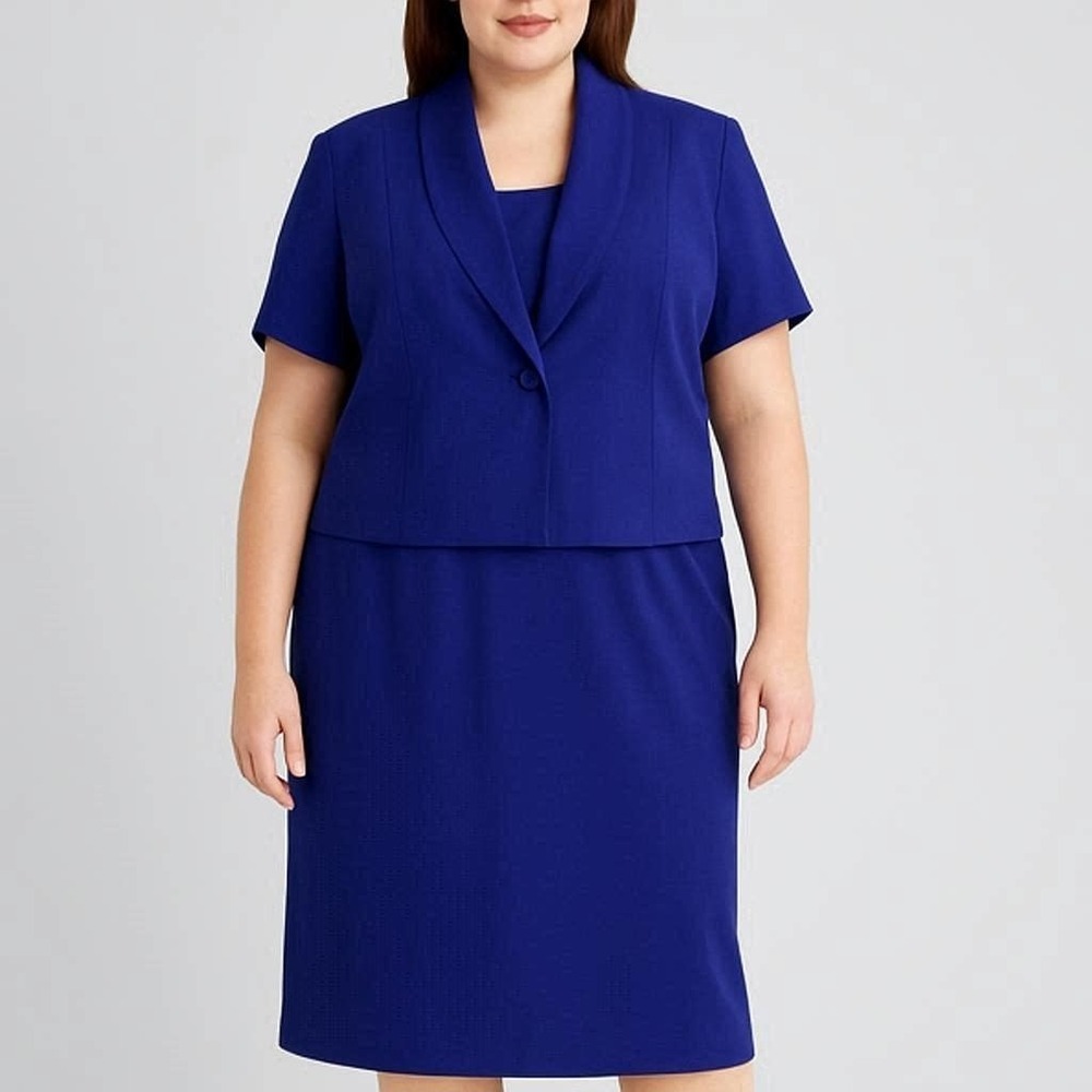 Vtg 2pc Royal Blue‎ Short Sleeve Jacket Skirt Suit Sz 16W Made In USA Women's